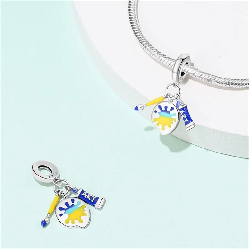 925 Sterling Silver 3Pcs Oil Painting Charms Beads Zircon Dangle Fit 3mm Original Bracelet DIY Women Fine Birthday Jewelry Gifts