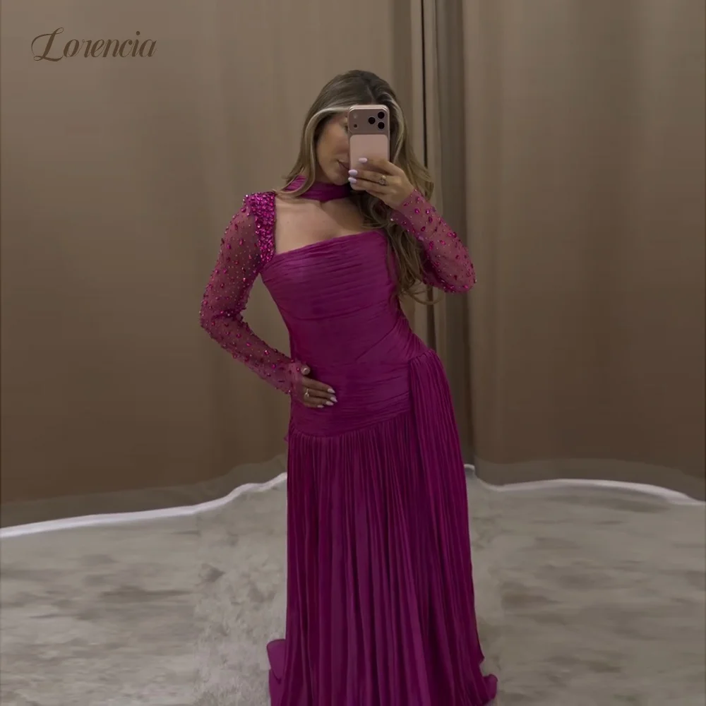 Lorencia Fuchsia Pleated Chiffon Evening Dresses with Scarf Long Sleeves Rhinestones Fitted Formal Party Gowns Customized