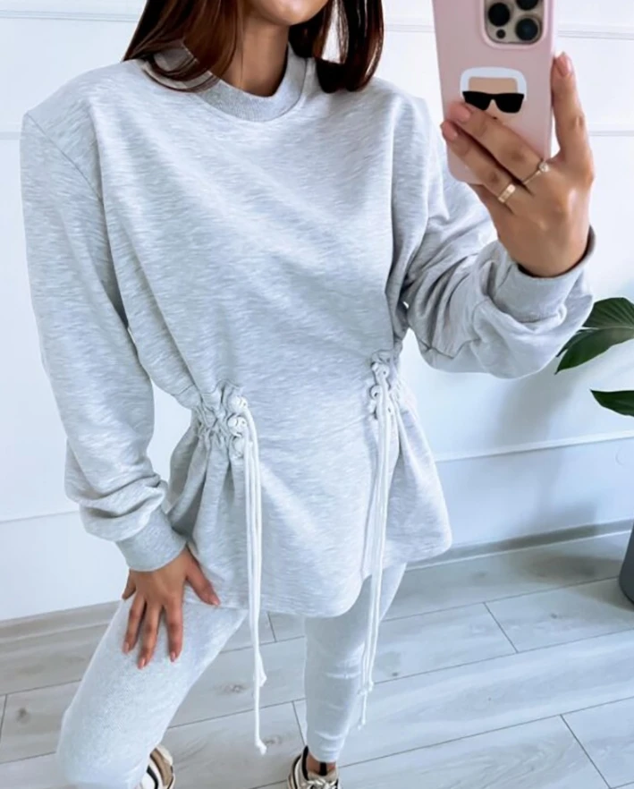 New Fashion Drawstring Waist O-Neck Long Sleeve Sweatshirt for Women's Daily Clothes 2024 Autumn Plain Women Casual Pullover Top