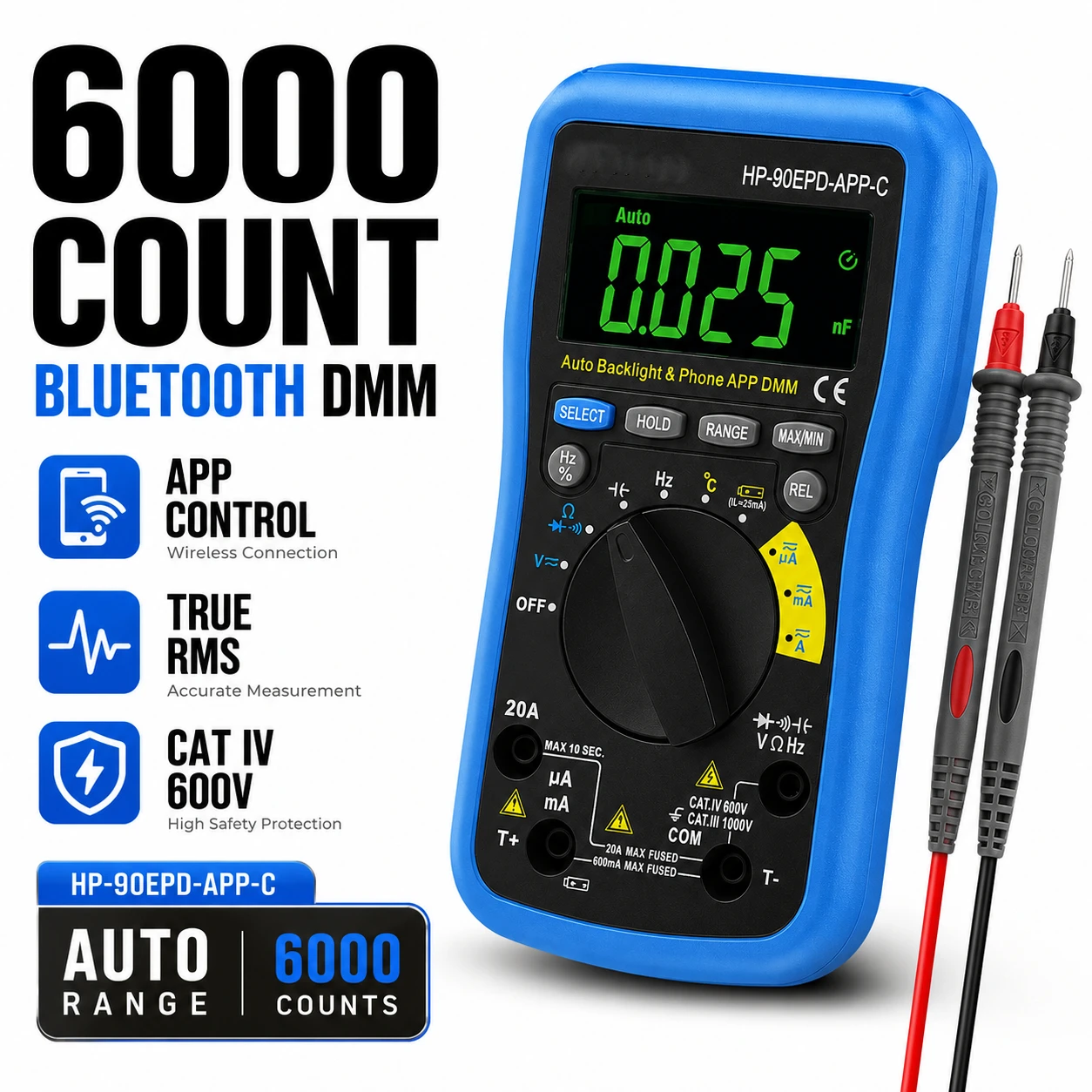 

Smart Bluetooth Digital Multimeter 6000 Counts, Auto-Ranging AC/DC Voltage Current Tester with APP Remote Monitor, Data Logging