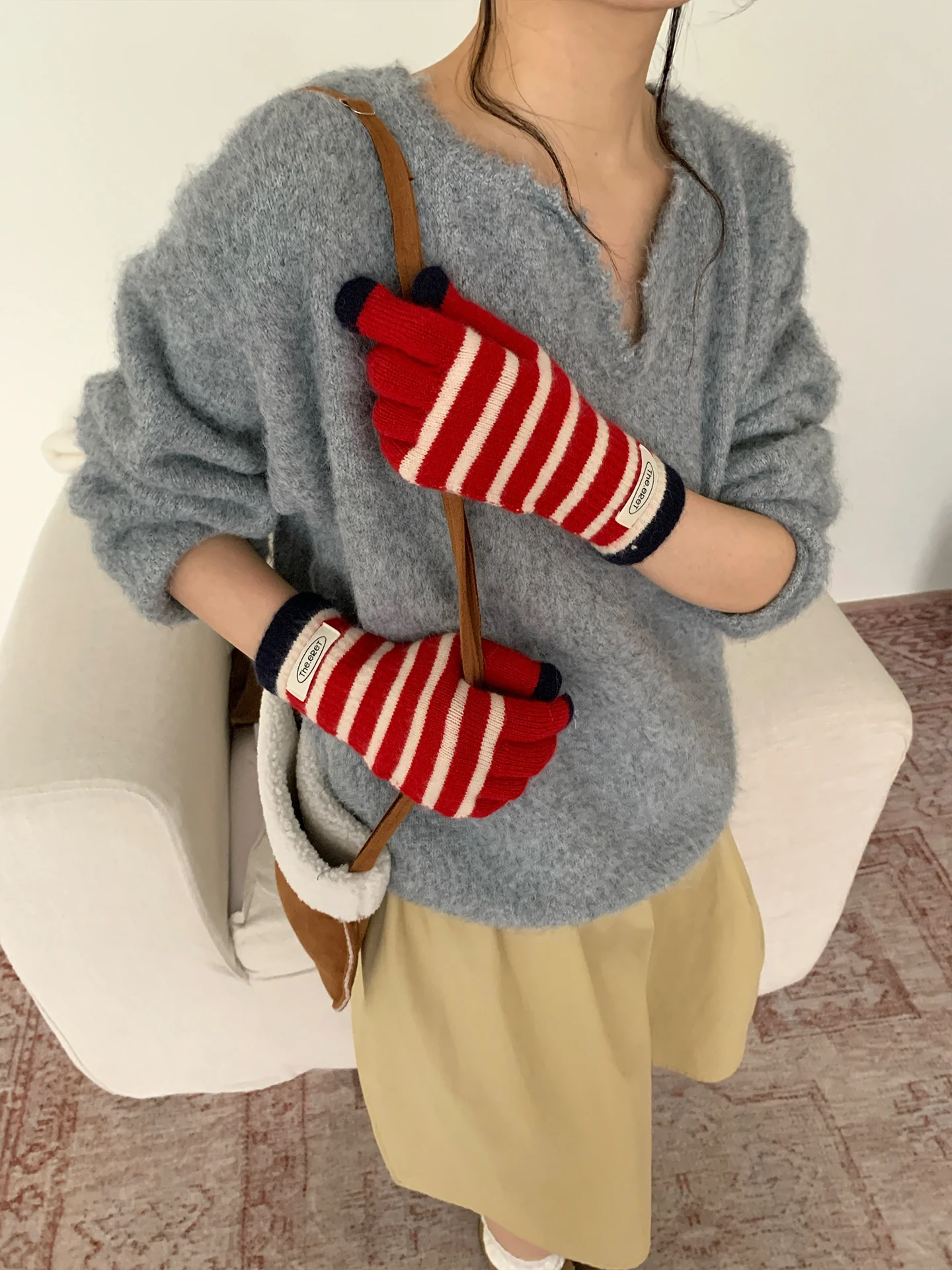 Korean Style Red Striped Knitted Woolen Gloves Women's Autumn Winter Cycling Touch Screen Compatible Warm Cold Protection Fiv...