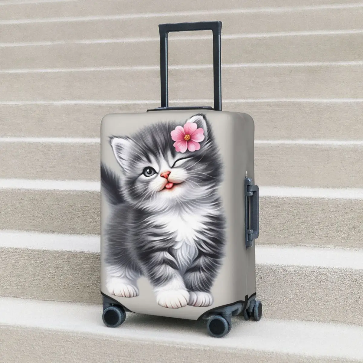 Kawaii Tabby Kitten With Pink Flower Suitcase Cover Travel Protection Flight Elastic Luggage Supplies
