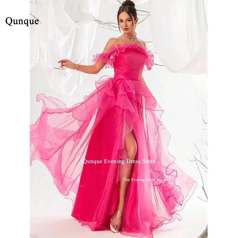 

Qunque Elegant Evening Dresses for Women Leg Slit Off The Shoulder Ruffles Vestido De Noche Elegante Mujer Celebrity Dresses