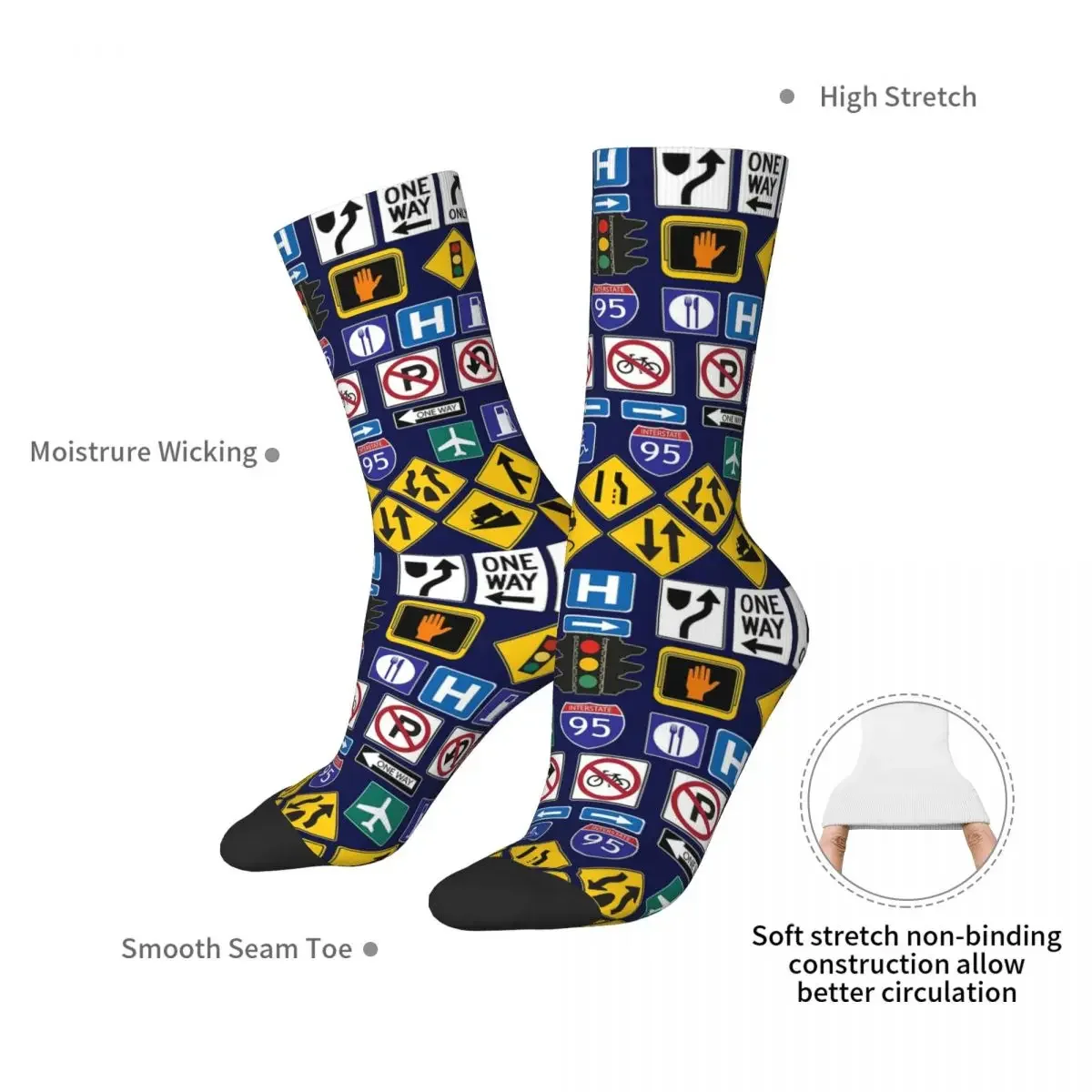 Road Signs, Regulations Signs Socks Harajuku Sweat Absorbing Stockings All Season Long Socks for Unisex Birthday Present