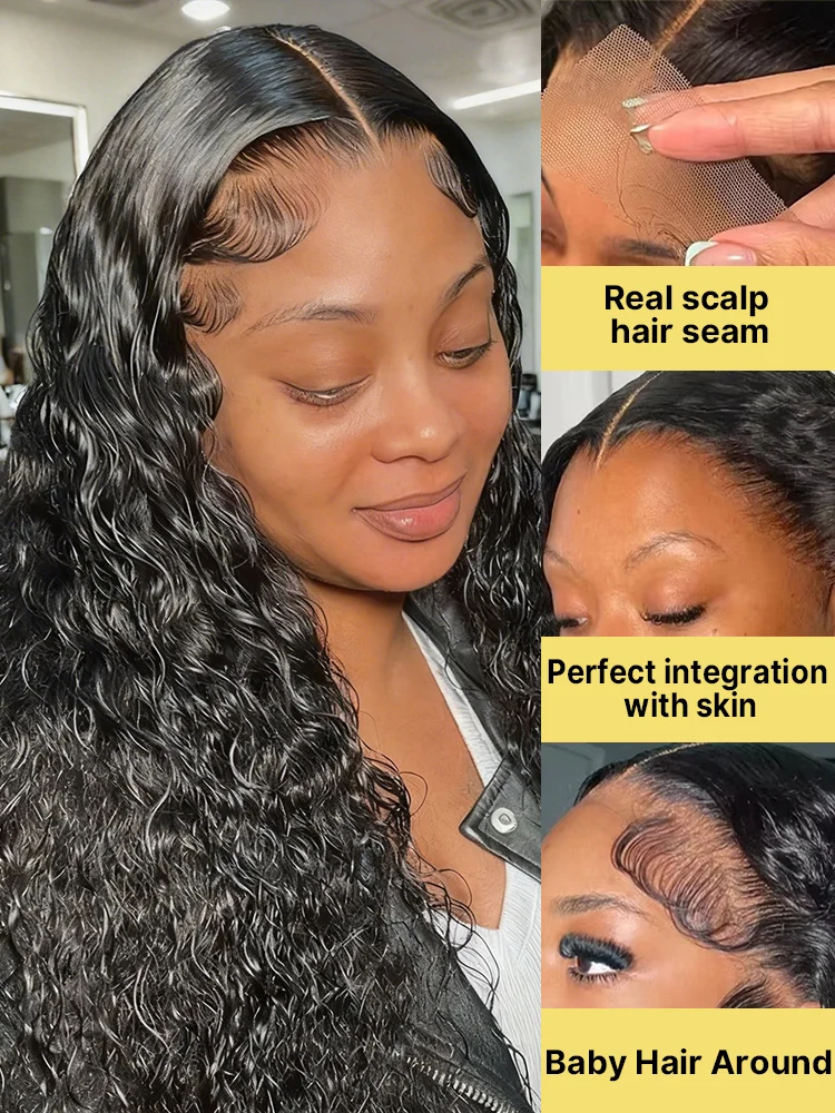 Deep Wave 13x6 Lace Front Human Hair Wigs 250% Density 13x4 HD Transparent Water Wave Curly Lace Frontal Wigs With Baby Hair Natural Color Daily Party 40 46 Inch Pre Plucked view 3