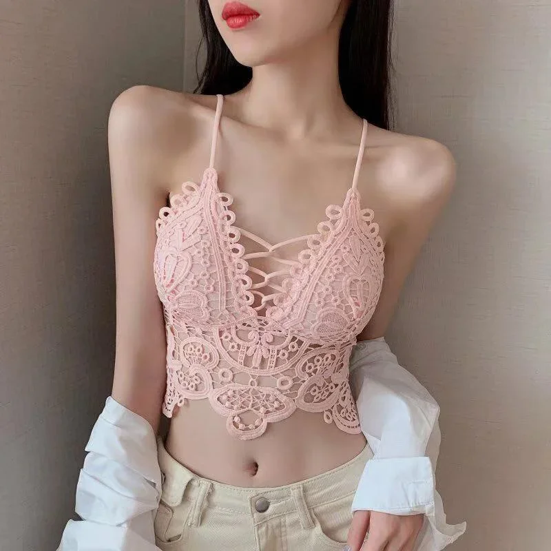 New Women Hollow Out Bralette Solid Color Beauty Back Lace Underwear Sexy Vest Female Add Pad Wireless Bra Suspender Top