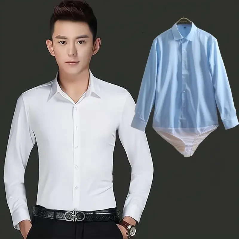 Estiramento e confortável camisa de manga longa para os homens, camisa de negócios profissional, não-engomar, slim, estilo coreano, macacão branco puro, tops