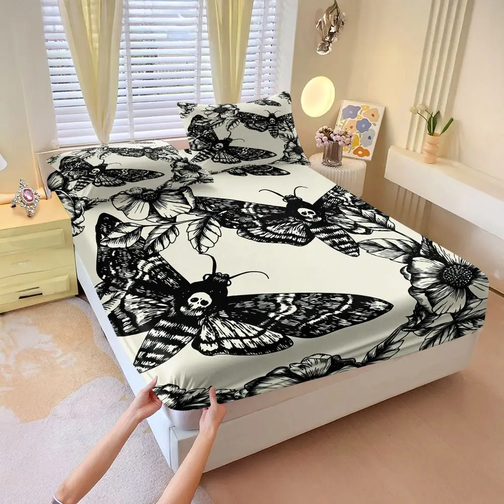 Gothic Moth Skull Floral Print Fitted Sheet Set Bed Sheet Set Digital Printed Bedding Soft Elastic Deep Pocket Home Decor