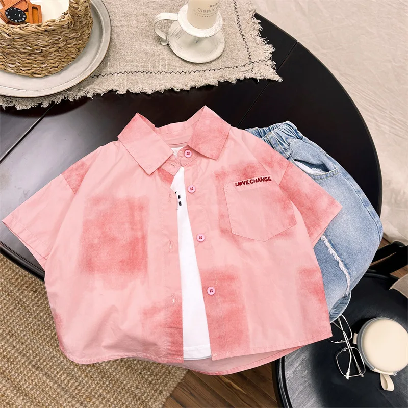 

Boys Short-sleeved Shirts Summer Thin Kids Clothes 2024 New Casual Stylish Cardigan Pocket Letter Embroidery Turn-down Collar