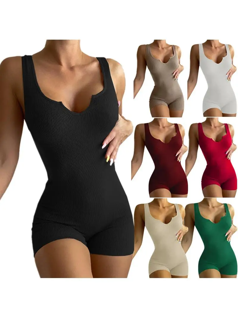 

Женский трикотажный комбинезон-жилет однотонного цвета с V-образным вырезом, облегающий, с низкой посадкой, брюки длиной до колена, ткань Ханма, коллекция Весна-Лето 2024