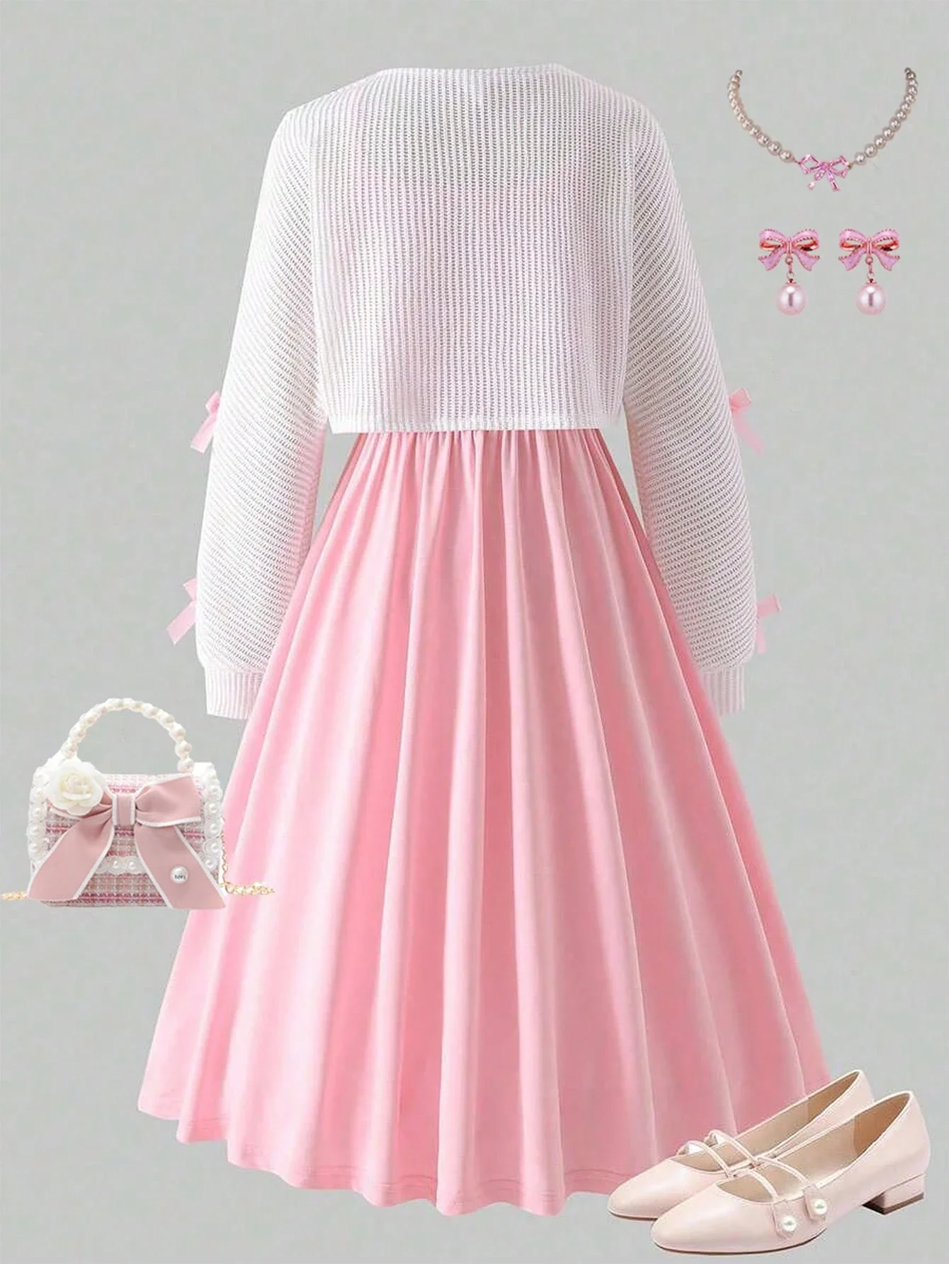 

Pink Bowknot Camisole Dress With White Knit Cardigan Set Chic Party Outfit