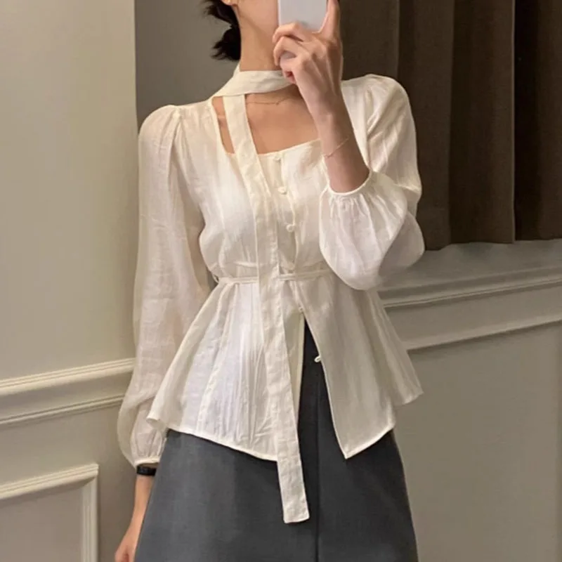 เสื้อเชิ้ตผู้หญิงแขนยาวผูกเชือก คอเหลี่ยม กระดุมแถวเดียว สีพื้น เรียบหรู ดูดี มีสไตล์ สำหรับฤดูใบไม้ผลิและฤดูใบไม้ร่วง