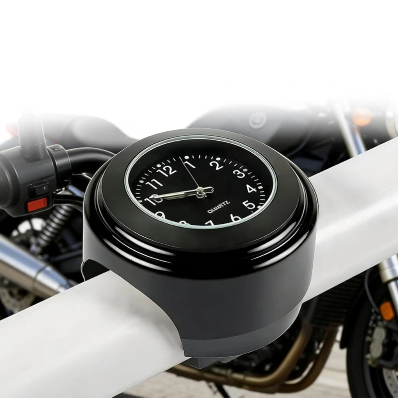 Clamp On Motorcycle Bar Clock with Split Clamp Bracket,Analog Black Metal Timepiece for 7/8 to 1 Inch Handlebars,Clear Dial View