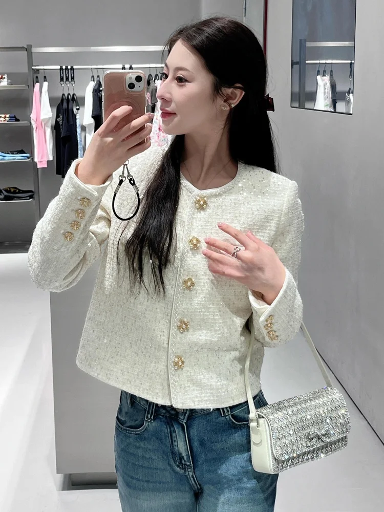 

Faionable ort round Ne Open Cardigan Women's Jaet with Diamond Bule Bright Sequins SP Home Autumn New Sle