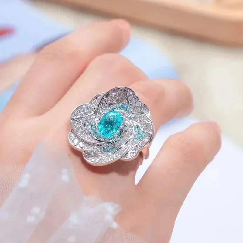Anillos de flores grandes de cristal con piedras preciosas azules ovaladas de lujo para mujer, anillos de boda de Plata de Ley 925, joyería femenina de alta calidad