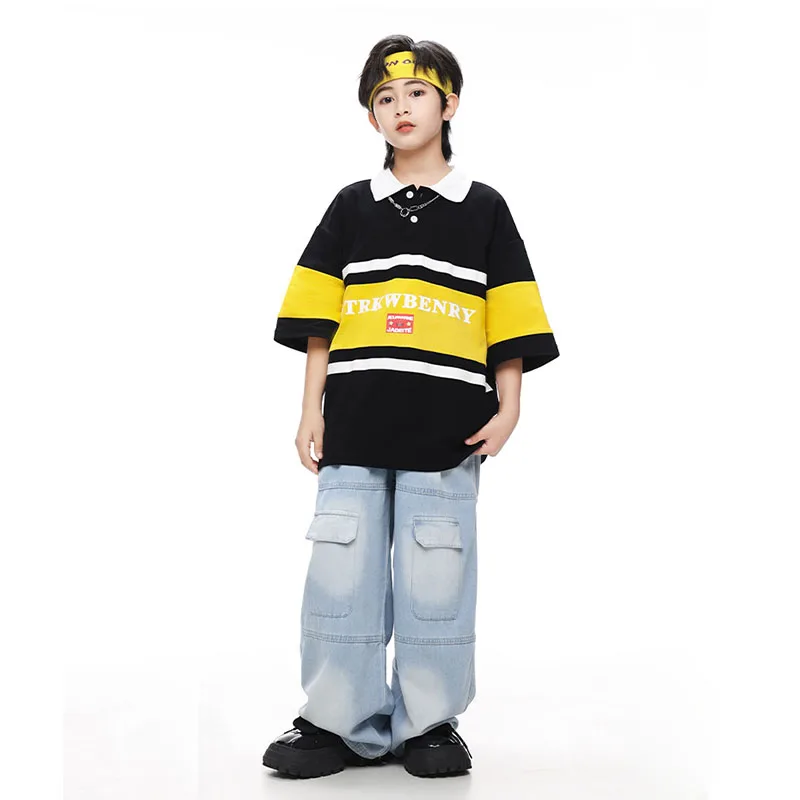 

Kid Kpop Hip Hop Clothing Black Polo Neck T Shirt Denim Blue Casual Pockets Jeans Baggy Pants for Girl Boy Dance Costume Clothes