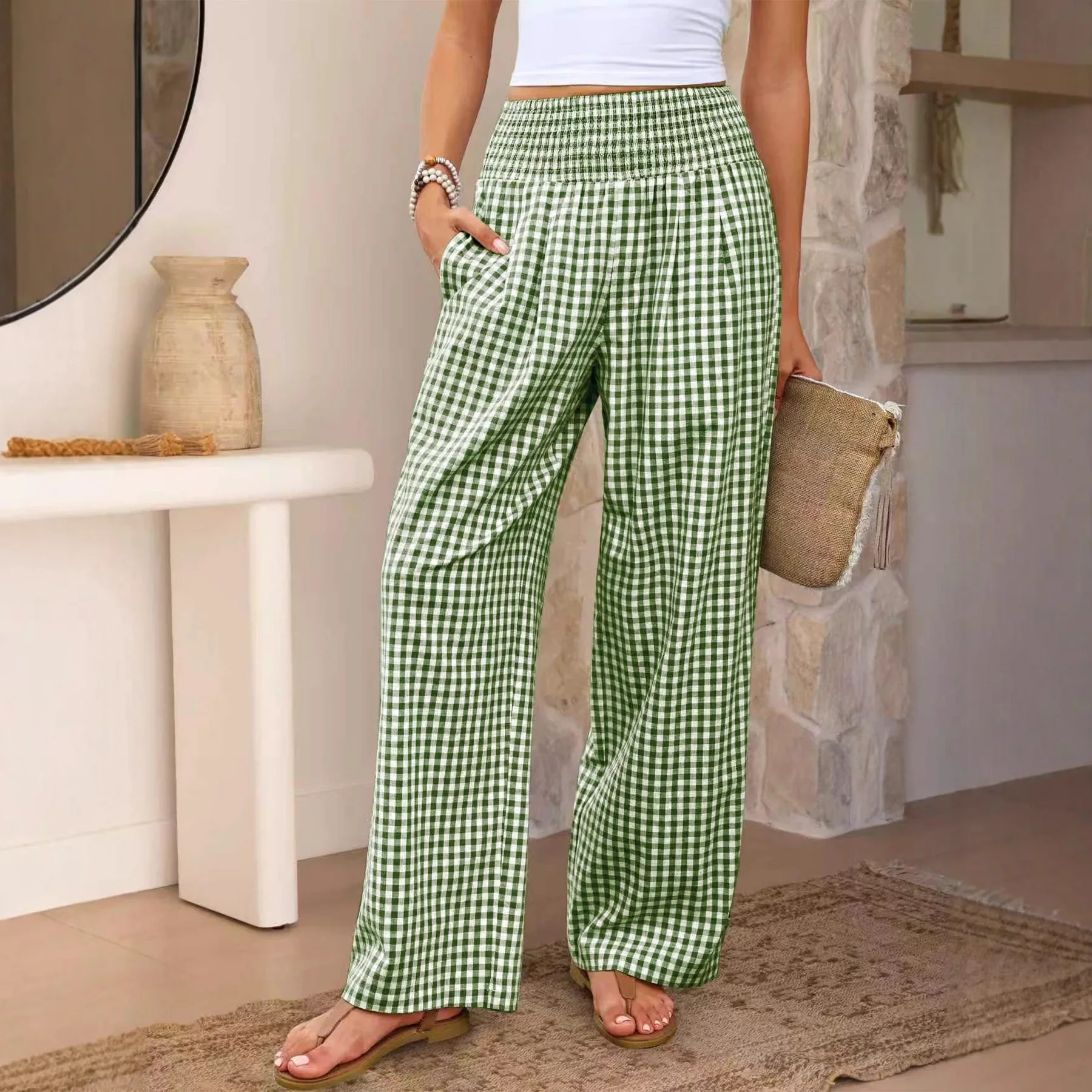 

Women's Plaid Women's Casual Pants Loose Fashionable Casual Elastic Waist Wide Leg Pants