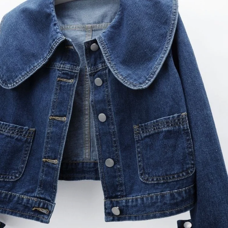 2023 New Women Denim Jackets Korean Sailor Collar Fashion Long Sleeves Button Jean Coat Vintage Crop Female Casual Loose Outwear