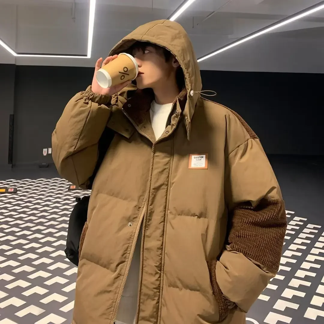 Winter Man Jacket Patchwork Stand Collar Loose Male Down Outerwear Cold-proof Long Sleeve Hooded Loose Versatile Men Coat