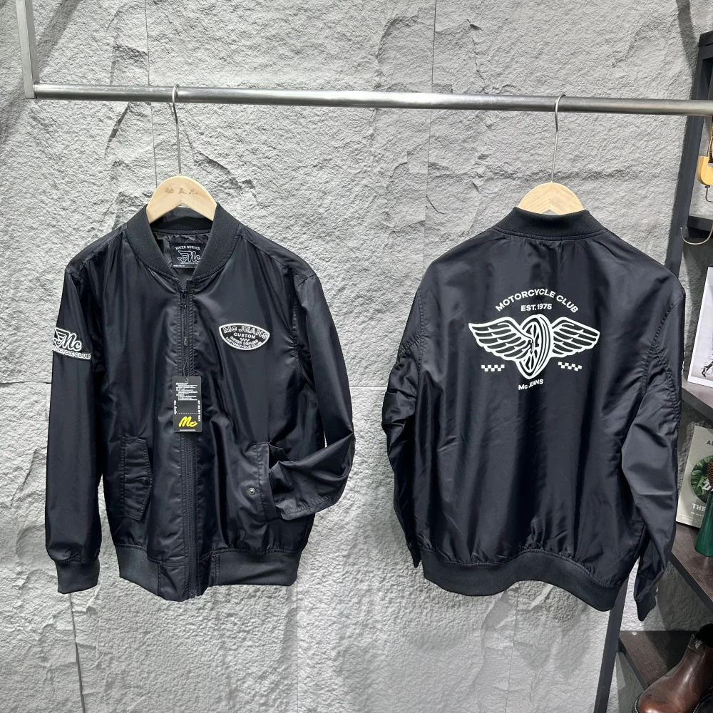 Heavyweight Men's Bomber Jacket Precision Embroidery Windproof Flight Motorcycle Coat Long Sleeve Casual Style Zipper Closure