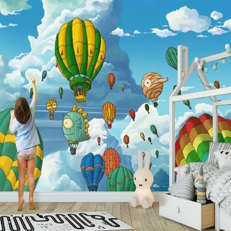 

Original and beautiful blue sky white clouds hot air balloons children's room indoor TV bedroom home decoration background paper