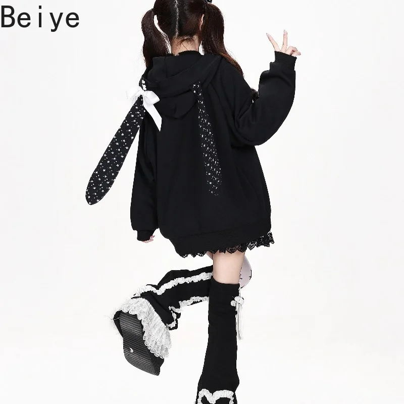 Women Y2K Kawaii Long Bunny Ears Zip Up Hoodies Harajuku Star Print Rabbit Graphic Loose Hooded Jacket girl Streetwear Coat