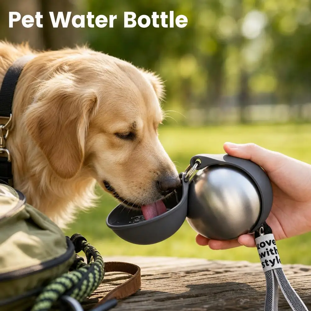 304 Edelstahl Haustier-Trinkflasche, runde Outdoor-Wasserflasche für Katzen und Hunde, tragbarer, faltbarer Wasserspender mit Hängeseil – Detail 22