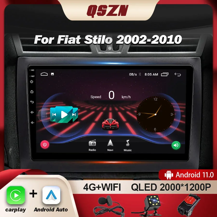 QSZN for Fiat Stilo 2002-2010 Car Radio Navigation GPS Multimedia Video Player WiFi Auto Stereo BT Android 12 Autoradio Carplay