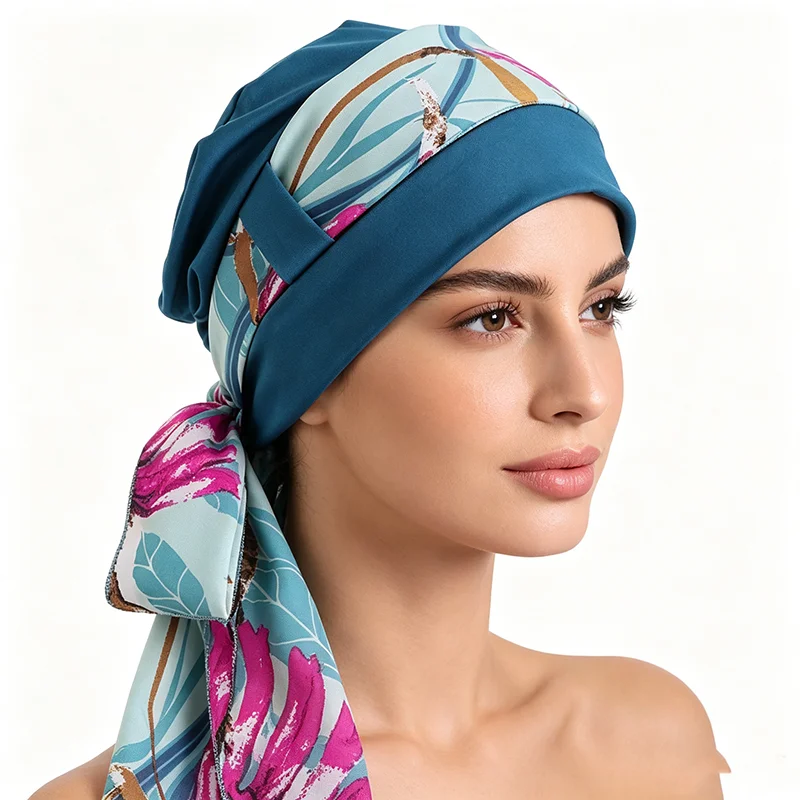 Neuer Muslimischer Hijab für Frauen, Bedruckter Stretch-Turban, Vorgebundene Chemo-Mütze, Bandana, Kopftuch für Krebspatienten und Haarausfall – Detail 14