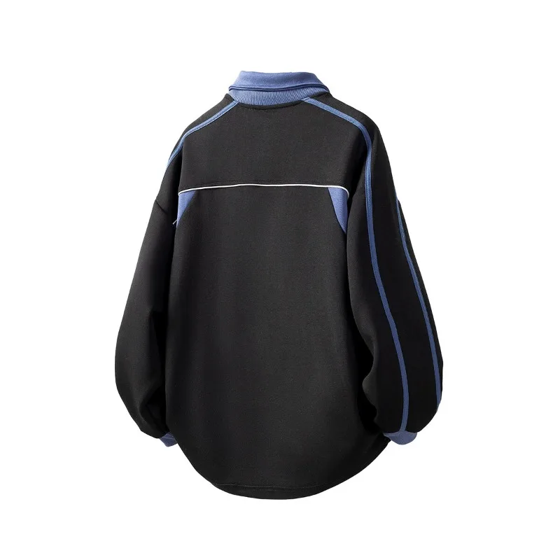 2025 Contrast Paneled Hip Hop Sweatshirts for Men Stylish Street Menswear Lapel Collar Long Sleeve Sweatshirt Casual Pullover