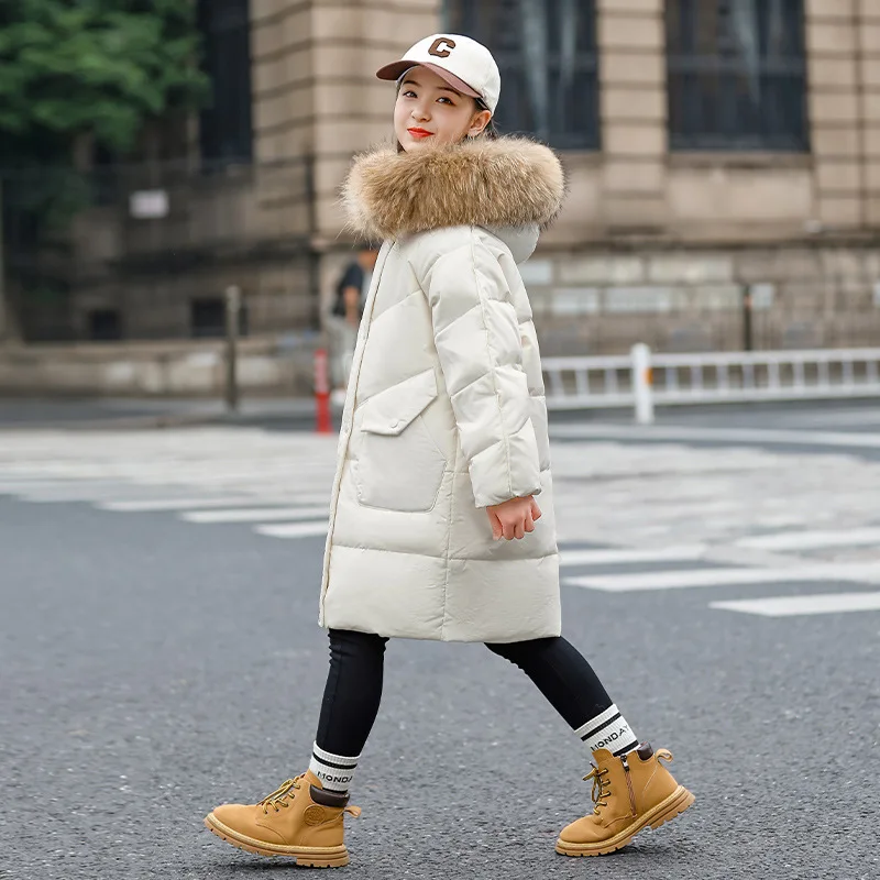 

Winter Jacket Girl's Parkas Big Fur Collar Overcoat Children Casual Long Coat White Duck Down Outwear Kids Button Pocket