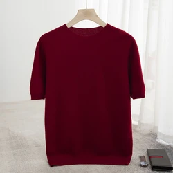 2024 Summer Men's Round Neck Short Sleeve 100% Pure Wool Tshirt Knitted Pullover Loose Breathable Business Casual Minimalist Top