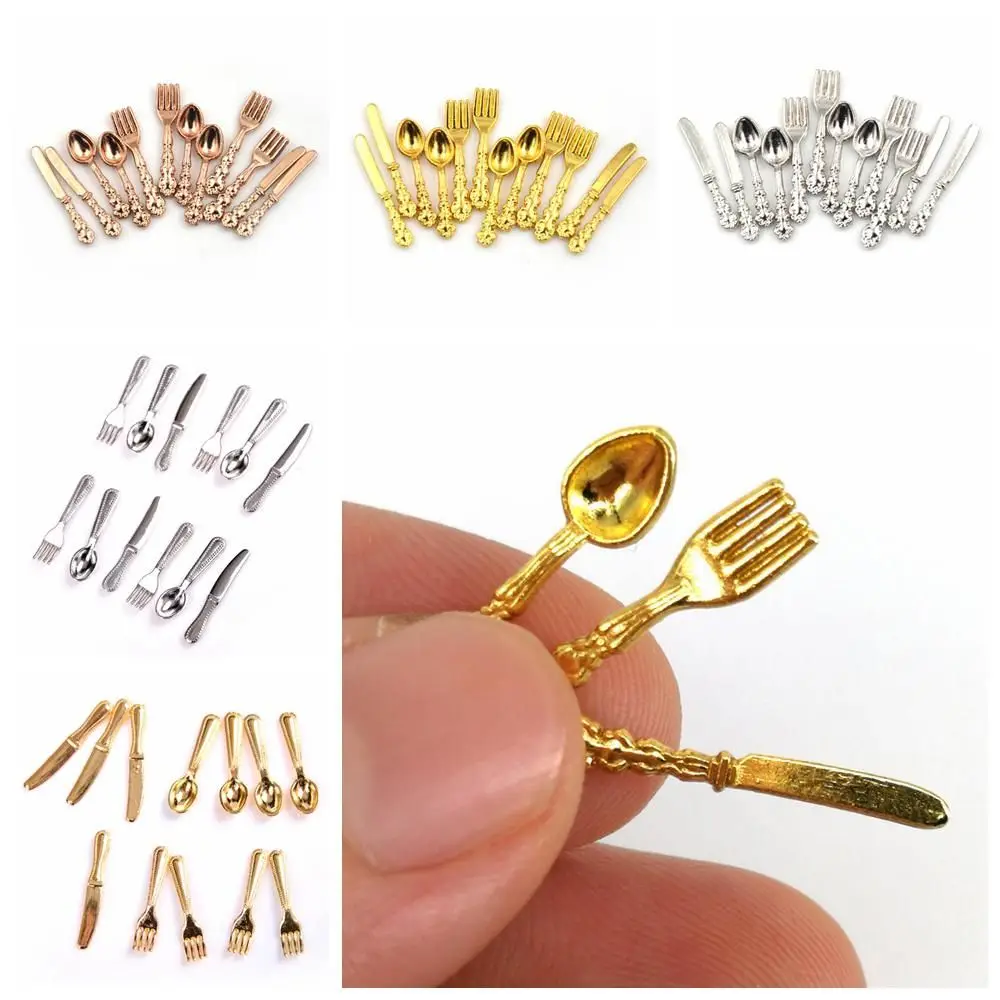 12PCS Toy Gold Silver Dollhouse Furniture Kitchen Miniature Cookware Fork Knife Spoon Doll Accessory Simulation Mini Cutlery