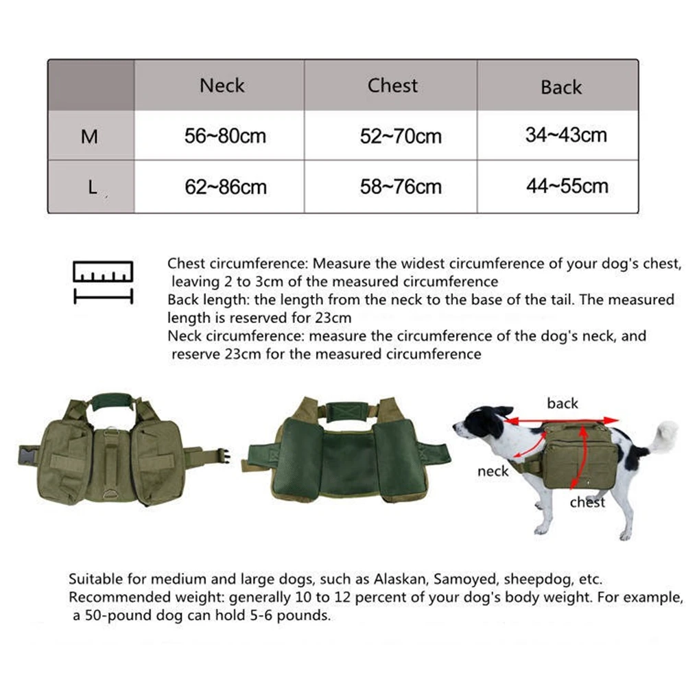 Pet Dog Tactical Vests Harness with Bag Adjustable Saddle Bag for Medium Large Dogs Travel Camping Hiking Training Suit Hunting