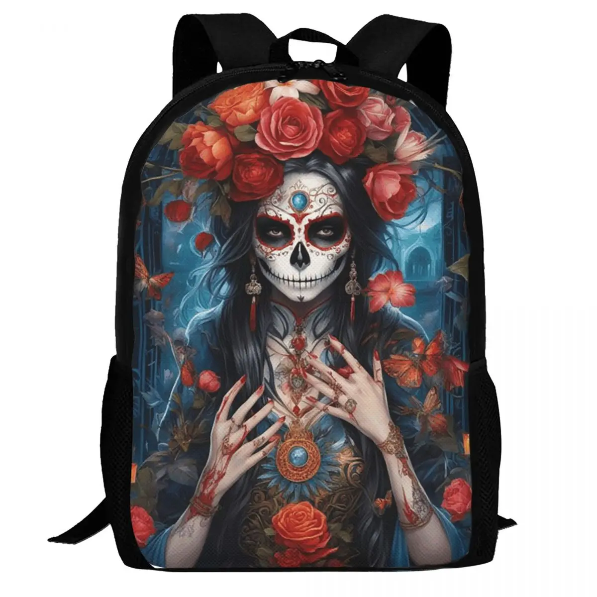 Mexican Catrina Sugar Skull Lady Backpack Daypack Large Capacity Children BookBag School Bag Shoulder Bags for Men Women