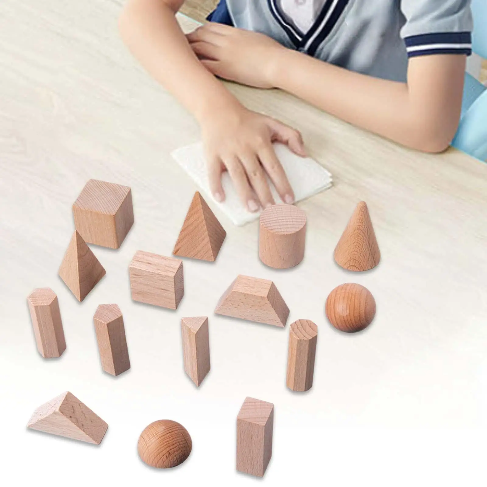 Blocs géométriques en bois pour enfants de 2 ans et plus, 15 pièces, formes 3D, jouets d'apprentissage et d'éducation des maths