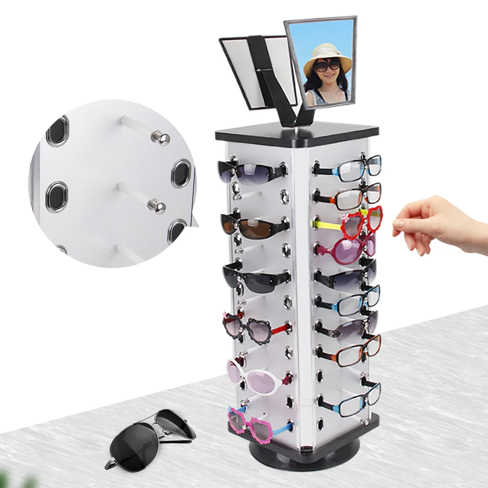 

44 Pairs Glasses Display Stand Glasses Display Rack With Mirror 360° Rotating Eyewear Sunglasses Display Holder Freestanding