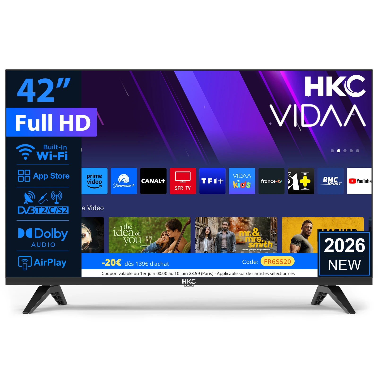 Téléviseur HKC 42'' FHD, VIDAA, format compact avec écran coloré, son dynamique avec Dolby Audio ™ Finition Métallique Haut de Gamme
