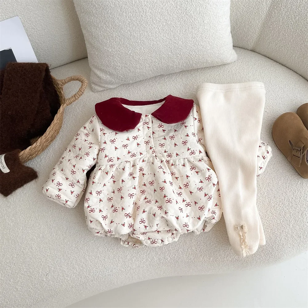 2024 Winter New in Kids Baby Girls Thicken Plush Warm Outfits , Toddler Infant Turn-down Collar Print Jumpsuits Bodysuits 0-24M