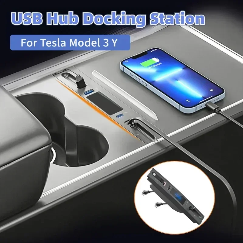 

Docking Station for Tesla Model 3 Y Accessories 27W Quick Charger USB Shunt Hub Extension Center Console Smart Sensor 2021-2023