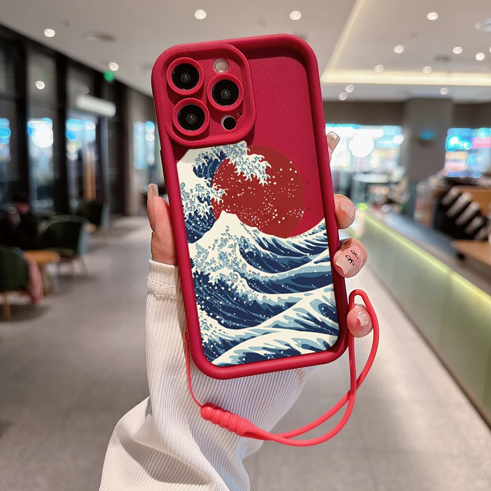 Moda Rosso Sole Onde del Mare INS Cassa Del Telefono Per OPPO Reno 2 3 4 5 6 7 7Z 8 8T 10 Pro Plus 4G 5G Morbido TPU Della Copertura Posteriore Con Cinghia Da Mano