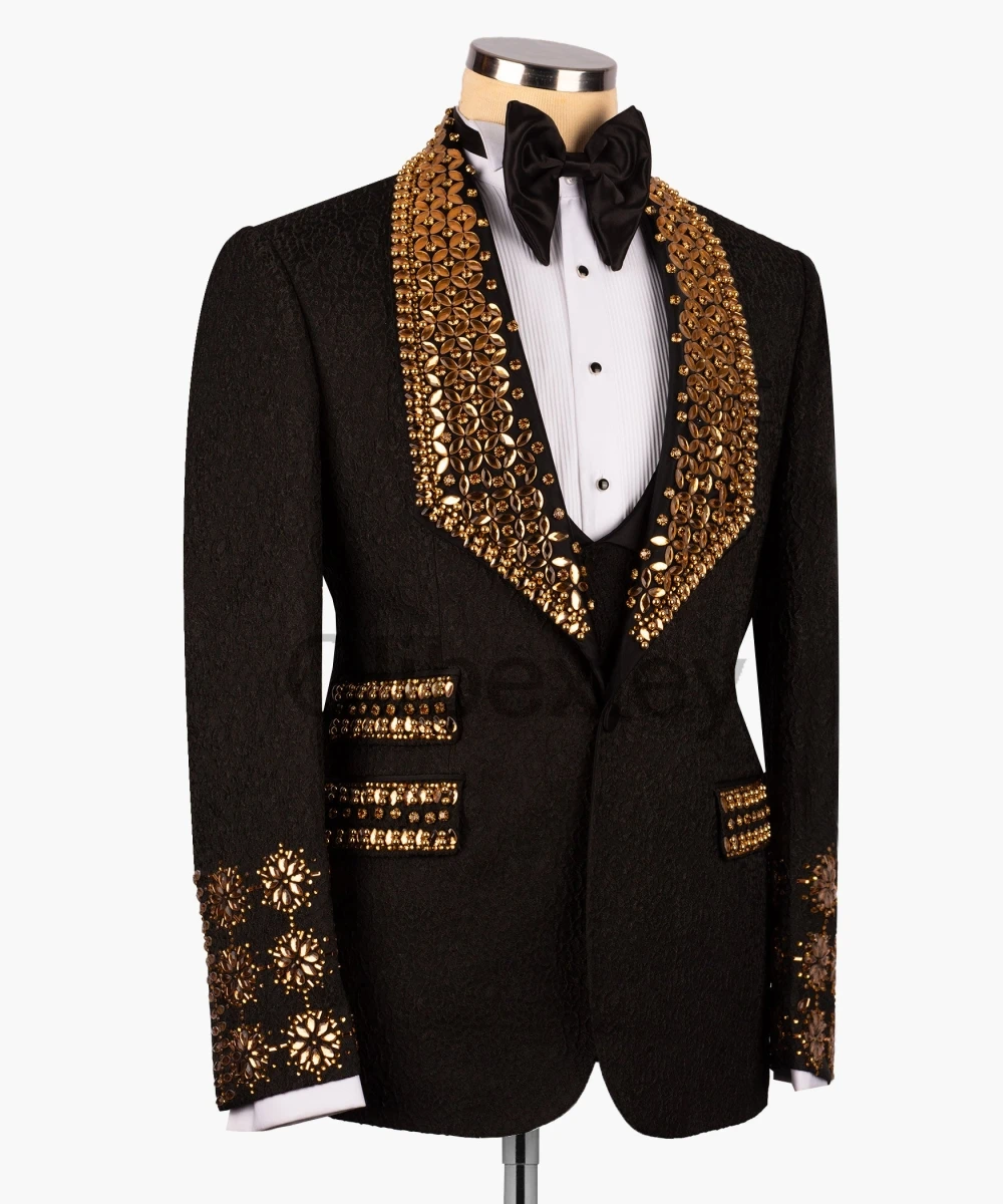 Olibexley Luxury Gold Rhinestones Crystals Men Suits 3 Pieces Sets Groom Male Blazers Wedding Tuxedos Slim Fit Customized S130