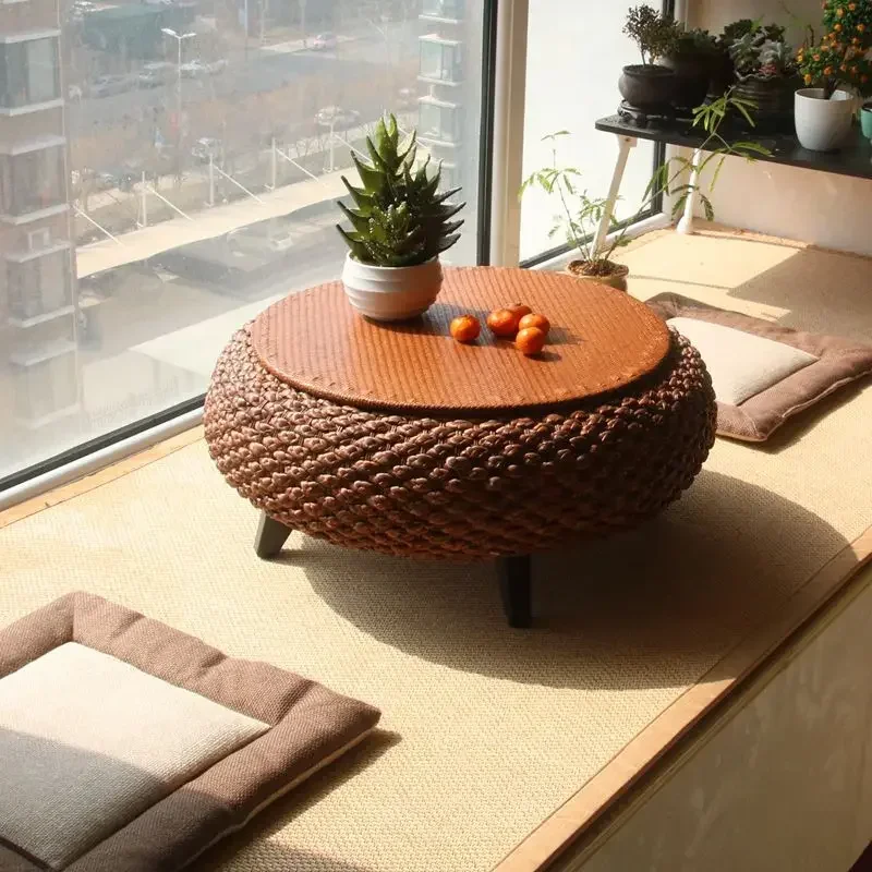 Retro Rattan Coffee Table Japanese-Style Solid Wood Futon Table Minimalist Window Service Table Home Furniture Decor