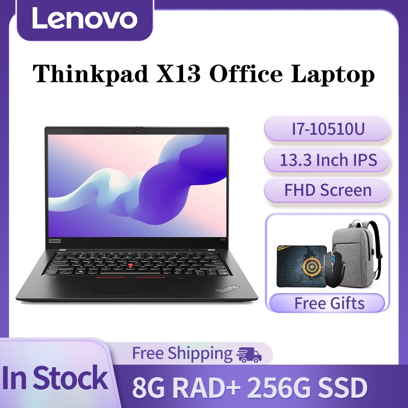 Lenovo-ordenador portátil de oficina Thinkpad X13, i7-10510U, 8GB, 256GB, SSD, serie delgada, pantalla IPS de 13,3 pulgadas, Notebook de negocios