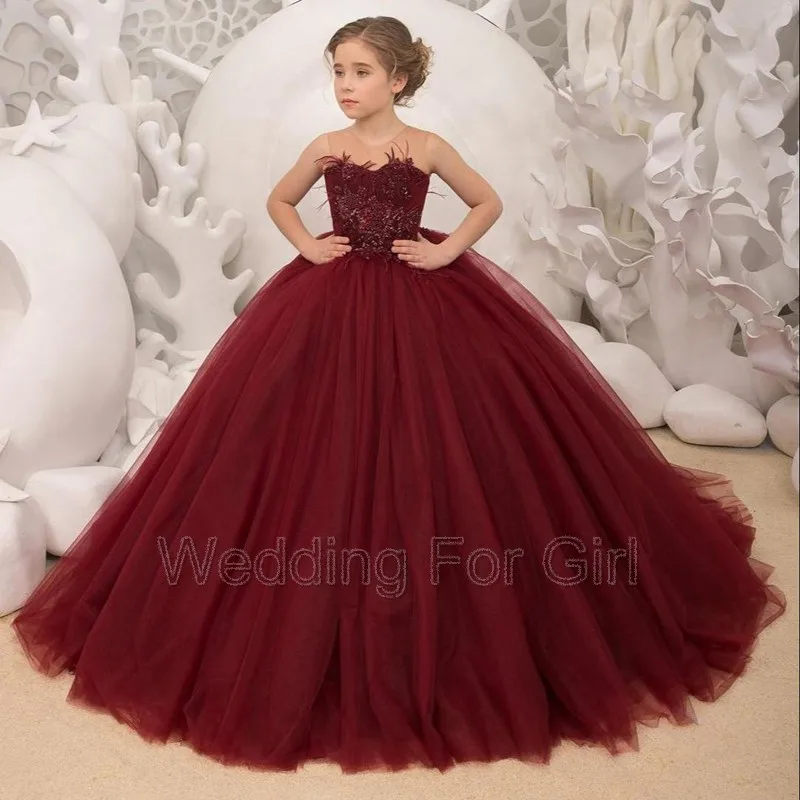 

High Quality Lace Beading Kids Burgundy Pageant Dress Special Ocassion Dresses Birthday Party Gowns for Girls Aged 0-16 Years