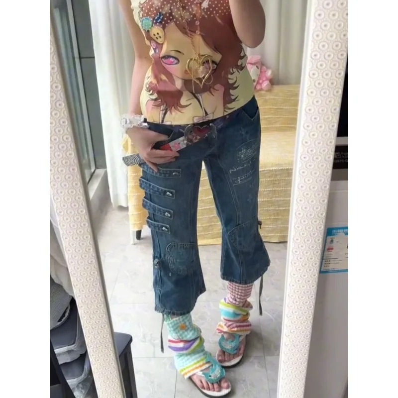 American Retro Plus Size Washed Slim Denim Capris Women Graffiti Side Buckle Jeans Y2k Streetwear Daily Summer Casual Outfits - view 3