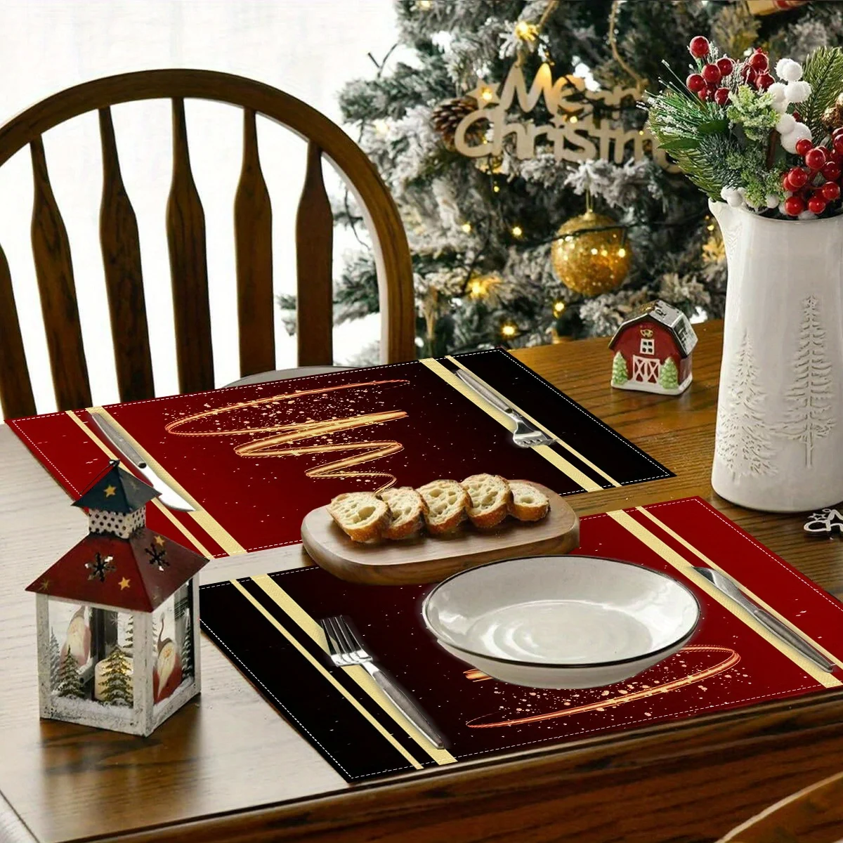 JIT 1 pc Christmas Golden Tree Table Runner 2D Printed Red for Christmas Dining Table Decor Adding Festive Atmosphere to Holiday