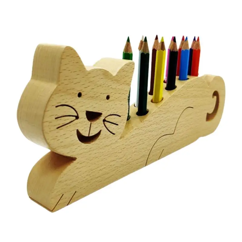 Desktop Wooden Cat Pen Holder School Office Pen Pencil Storage Box DIY Table Stationery Organizer Pot Home Container