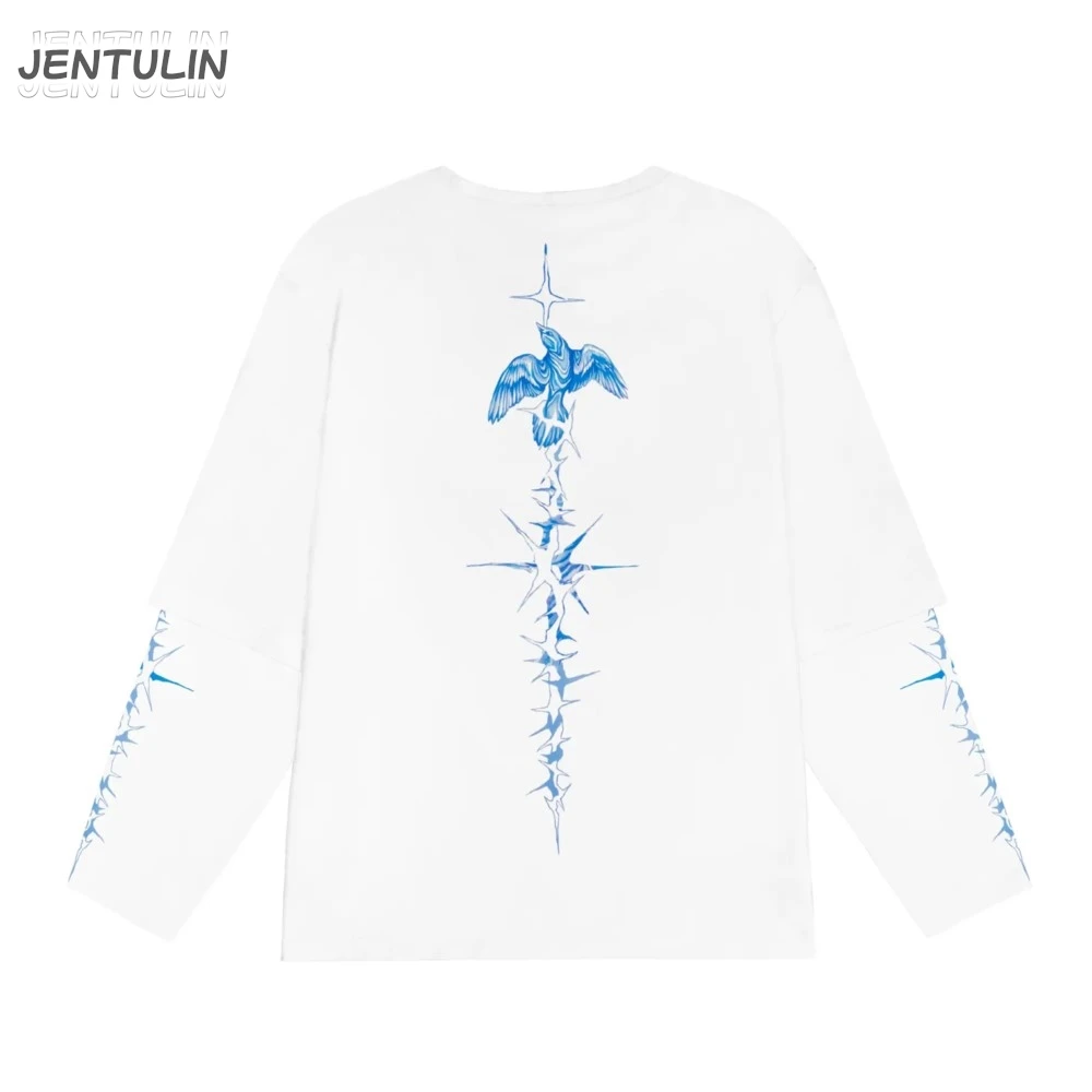 Harajuku Oversized Streetwear Men\'s Tshirts Bright Side Graphic Print Hip Hop Clothing Fake Two Pieces Long Sleeve Tops Goth Y2k