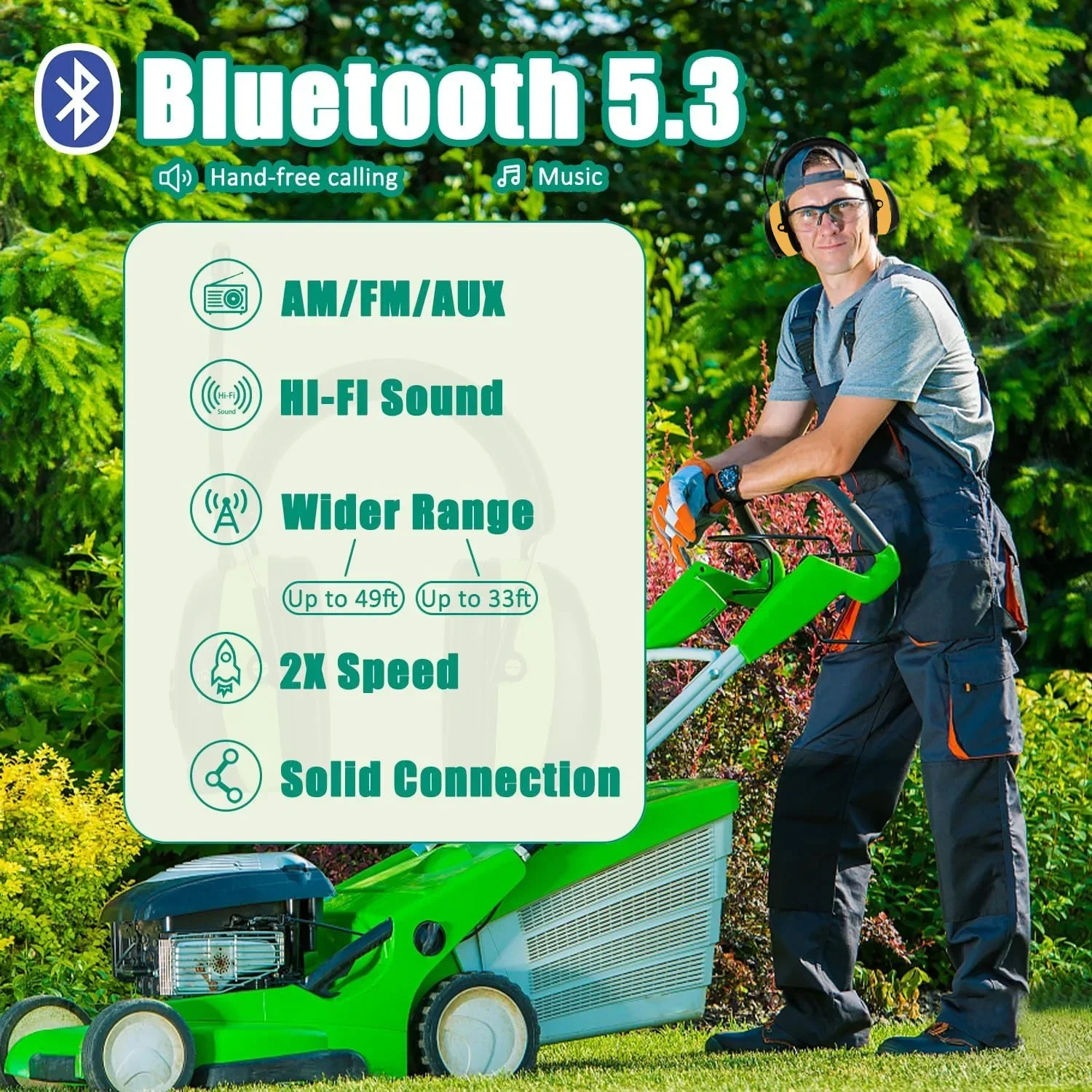 Upgraded 5.3 Bluetooth Hearing Protection AM FM Radio Headphones, Noise Reduction Safety Earmuffs for Mowing Lawn Work